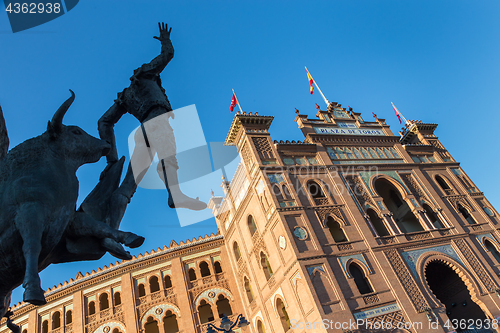 Image of Bullfighter sculpture in front of Bullfighting arena Plaza de Toros de Las Ventas in Madrid, Spain.