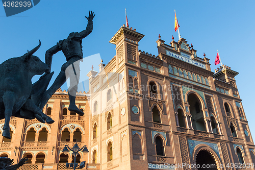 Image of Bullfighter sculpture in front of Bullfighting arena Plaza de Toros de Las Ventas in Madrid, Spain.