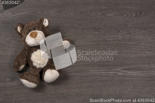 Image of Brown teddy bear on wooden background, top view