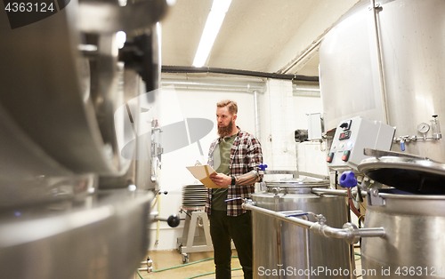 Image of man with clipboard at craft brewery or beer plant