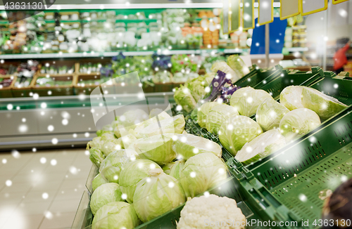 Image of close up of cabbage at grocery store or market