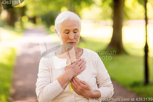 Image of senior woman feeling sick at summer park