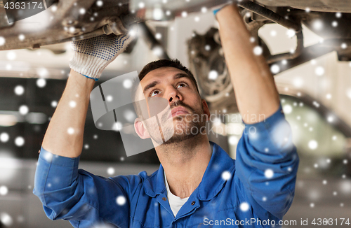 Image of mechanic man or smith repairing car at workshop