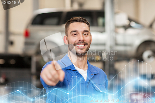 Image of happy auto mechanic man or smith at car workshop