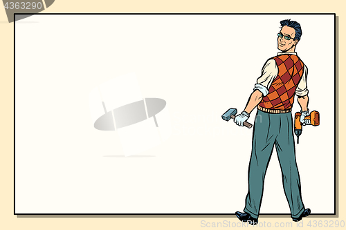 Image of man and repair, drill hammer, copy space background