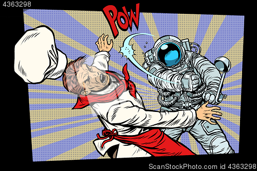 Image of space food. Astronaut fight with the chef