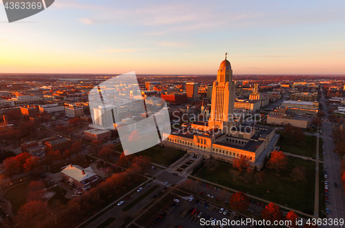 Image of The sun sets over the State Capital Building in Lincoln Nebraska