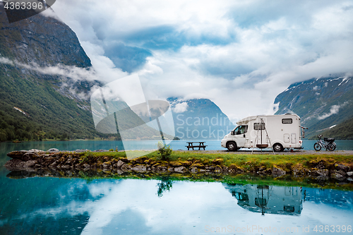 Image of Family vacation travel RV, holiday trip in motorhome