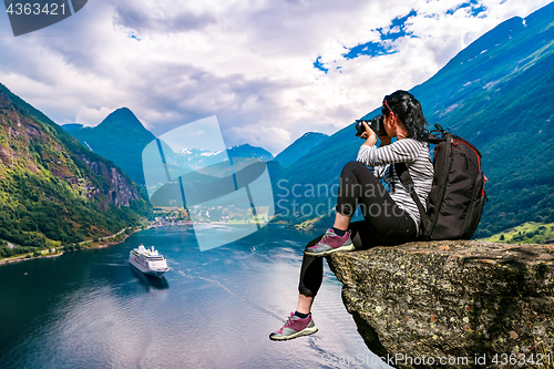 Image of Geiranger fjord, Beautiful Nature Norway panorama. Nature photog