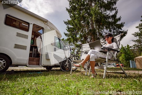 Image of Family vacation travel, holiday trip in motorhome RV