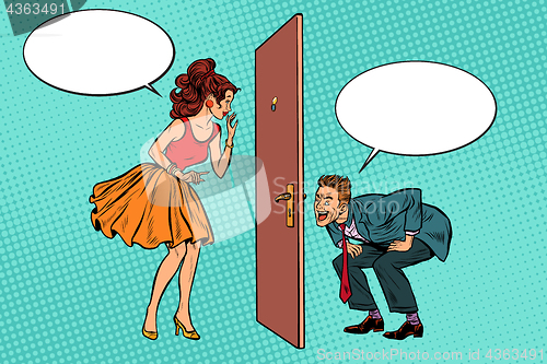 Image of man and woman looking through a door, Voyeurism and privacy