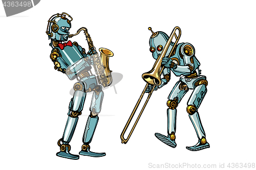 Image of brass band musicians robots, saxophone and trombone