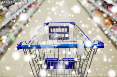 Image of empty shopping cart or trolley at supermarket