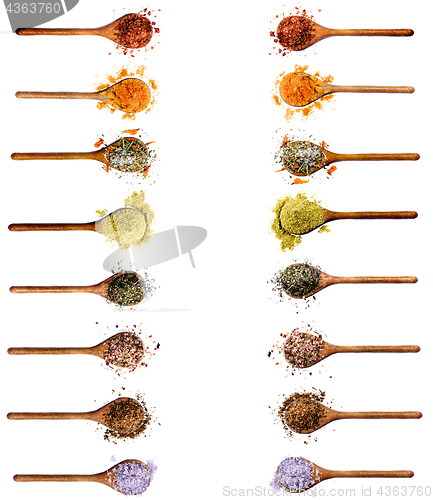 Image of Collection of Spices in Wooden Spoons