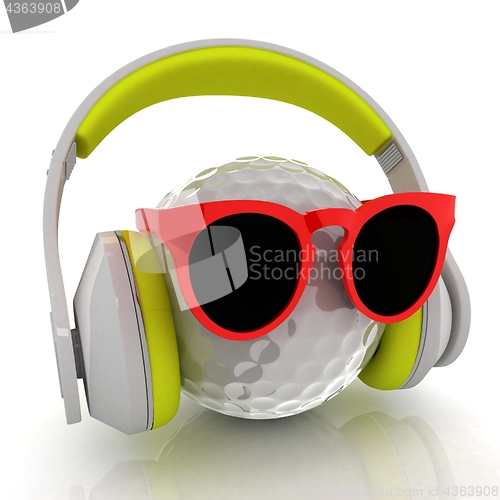 Image of Golf Ball With Sunglasses and headphones. 3d illustration