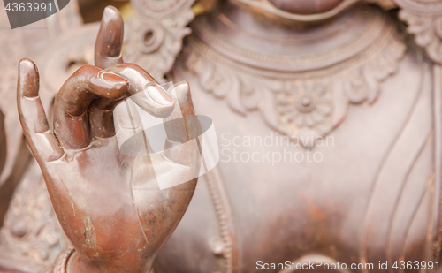 Image of Detail of Buddha statue with Karana mudra hand position