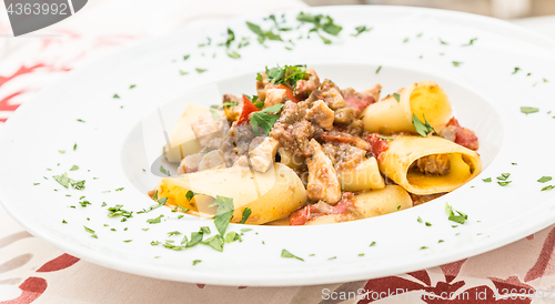 Image of Italian Paccheri pasta  with Swordfish