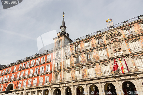 Image of Detail of a decorated facade and balconies at the Palza Mayor, Madrid, Spain.