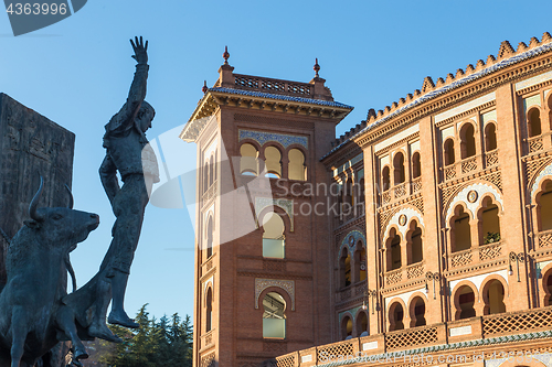 Image of Bullfighter sculpture in front of Bullfighting arena Plaza de Toros de Las Ventas in Madrid, Spain.