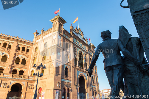 Image of Sculpture in front of Bullfighting arena Plaza de Toros de Las Ventas in Madrid, Spain.