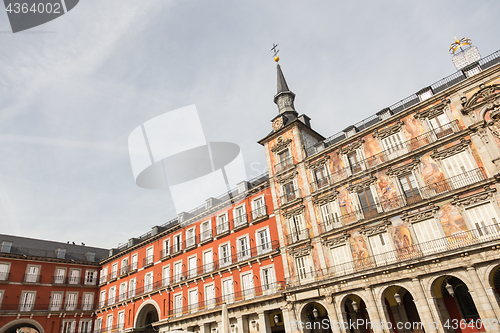 Image of Detail of a decorated facade and balconies at the Palza Mayor, Madrid, Spain.