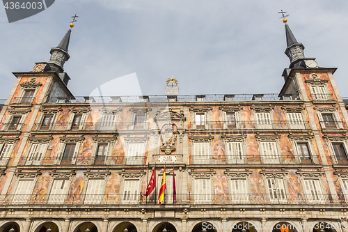 Image of Detail of a decorated facade and balconies at the Palza Mayor, Madrid, Spain.