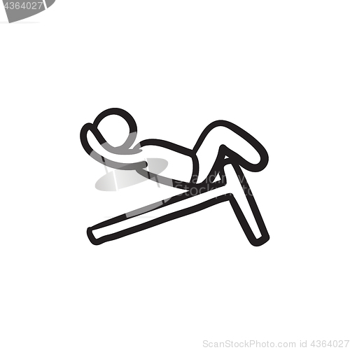 Image of Man doing crunches on incline bench sketch icon.