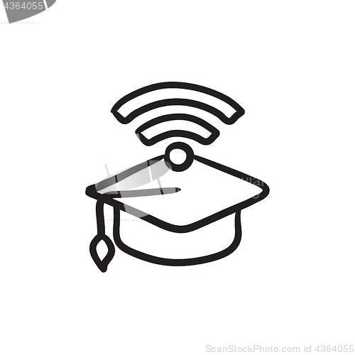 Image of Graduation cap with wi-fi sign sketch icon.