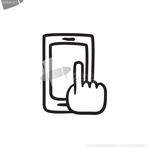 Image of Finger pointing at smart phone sketch icon.