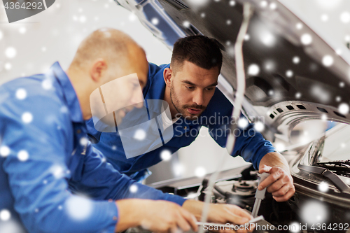 Image of mechanic men with wrench repairing car at workshop