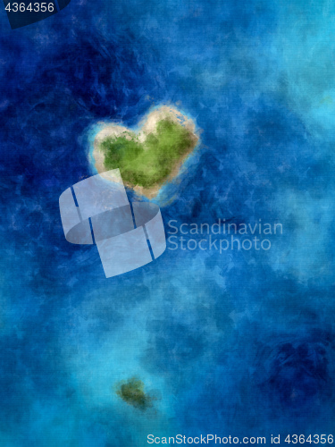 Image of a heart shaped island in the deep blue sea