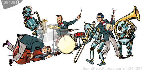 Image of futuristic jazz orchestra of humans and robots, isolated on whit