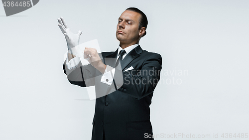 Image of At Your service, well dressed man waiting for orders isolated on white background with copy space