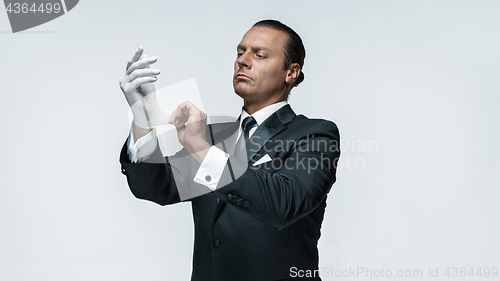 Image of At Your service, well dressed man waiting for orders isolated on white background with copy space