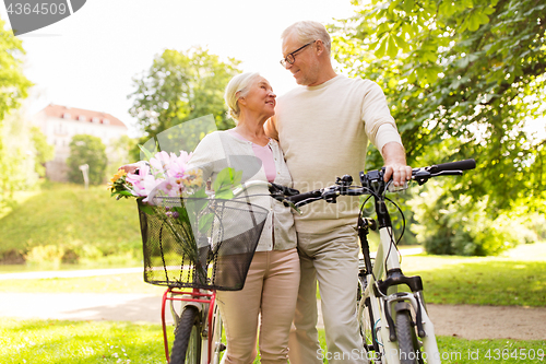 Image of happy senior couple with bicycles at summer park