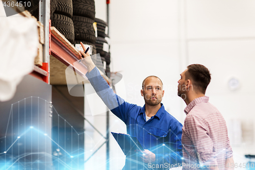 Image of auto mechanic with clipboard and man at car shop