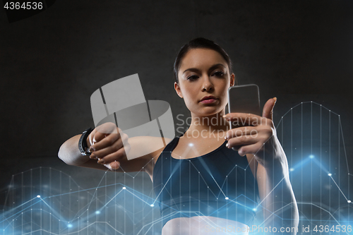 Image of woman with heart-rate watch and smartphone in gym