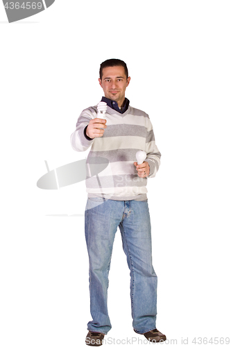 Image of Casual Man Choosing Green Friendly Bulb