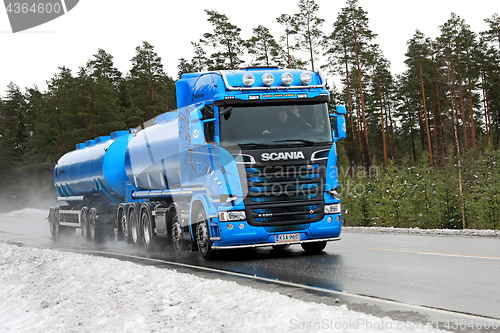 Image of Blue Scania Tank Truck on Winter Highway