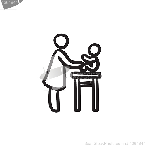 Image of Woman taking care of baby sketch icon.