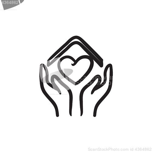 Image of Hands holding roof of house and heart sketch icon.
