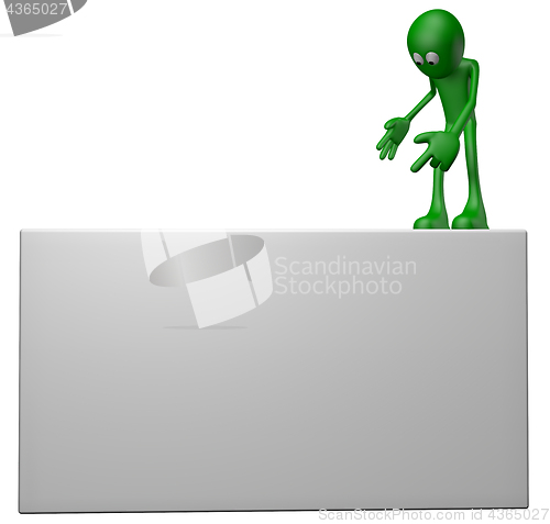 Image of cartoon guy shows something on a board - 3d illustration