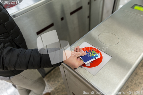 Image of Entrance Gate Ticket Access Touch technology Subway Station.