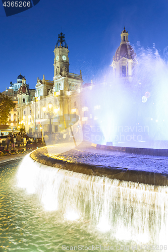 Image of Fountain on Modernism Plaza of the City Hall of Valencia, Town hall Square, Spain.