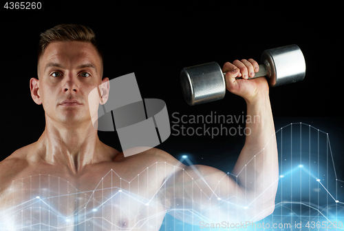 Image of man with dumbbell exercising over black background