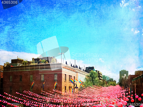 Image of Retro style image of gay neighborhood decorated with pink balls