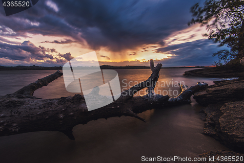 Image of Landscape with sunset and snag