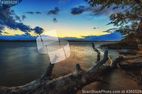 Image of Landscape with sunset and snag