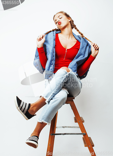 Image of young pretty stylish hipster girl posing emotional isolated on white background happy smiling cool smile, lifestyle people concept close up