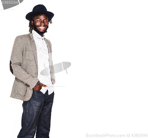 Image of young handsome afro american boy in stylish hipster hat gesturin